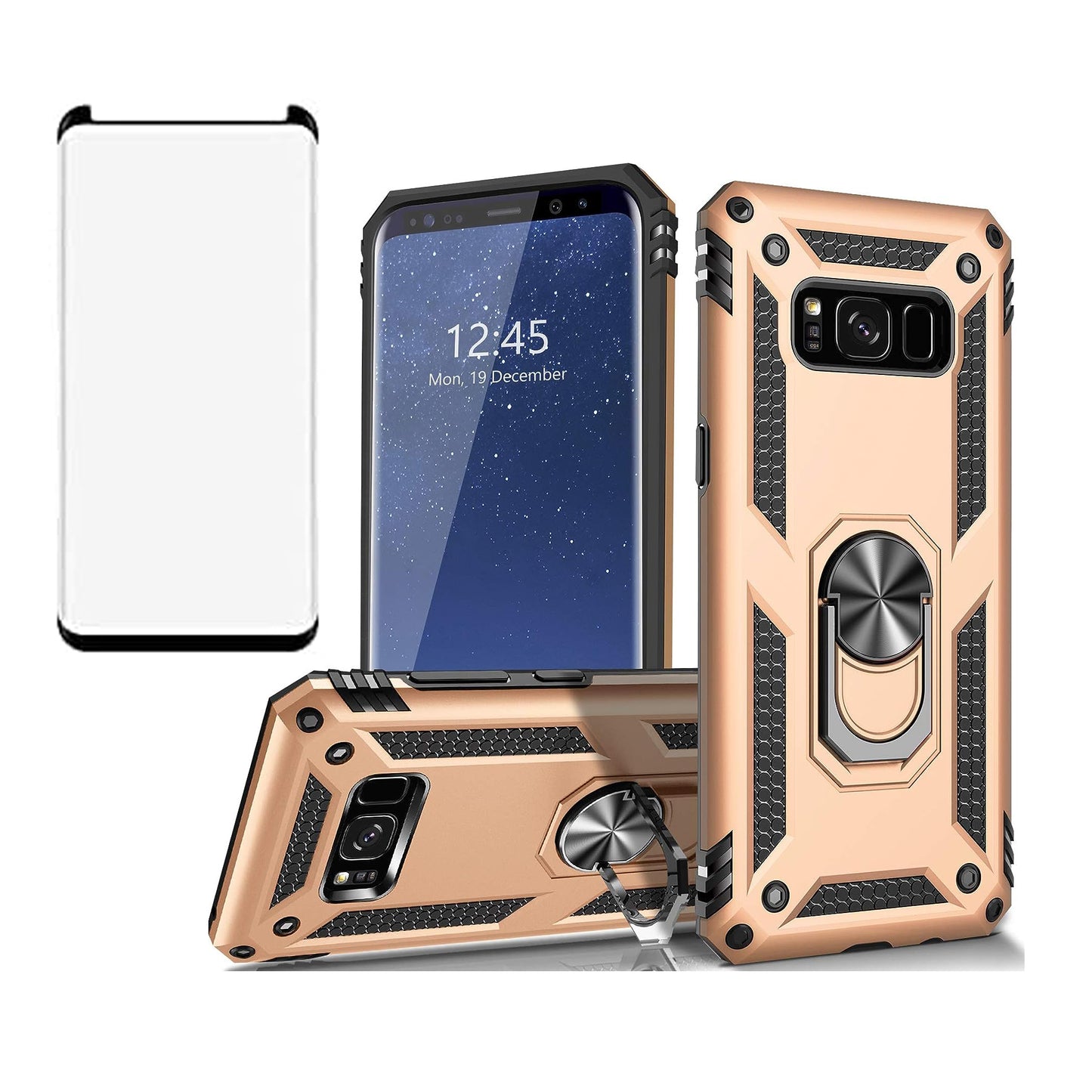 AUPAI Heavy Duty Shockproof Case With Ring Kickstand & Tempered Glass Screen Protector for Galaxy S8 Plus