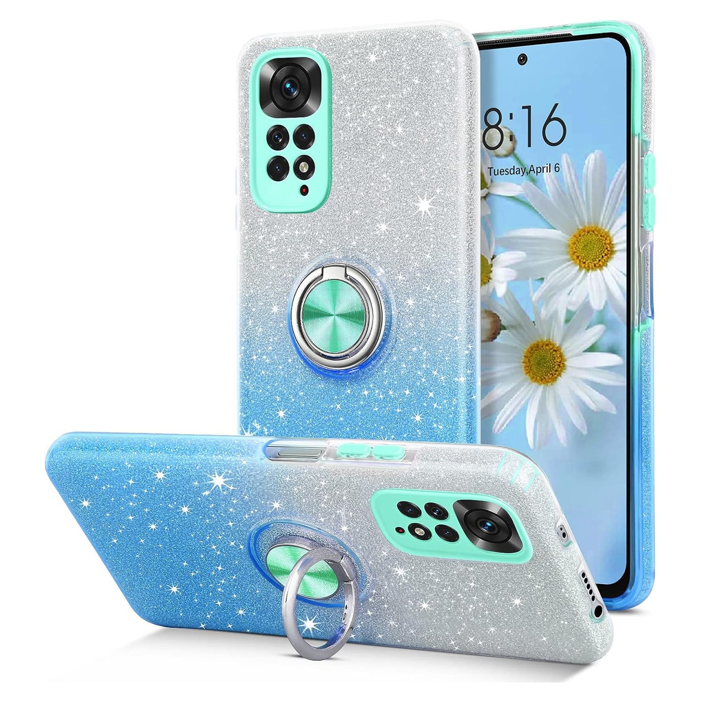 BENTOBEN Ultra Thin Ring Holder Glitter Slim Sequins Shockproof Glossy Case For Xiaomi Redmi Note 11 4G