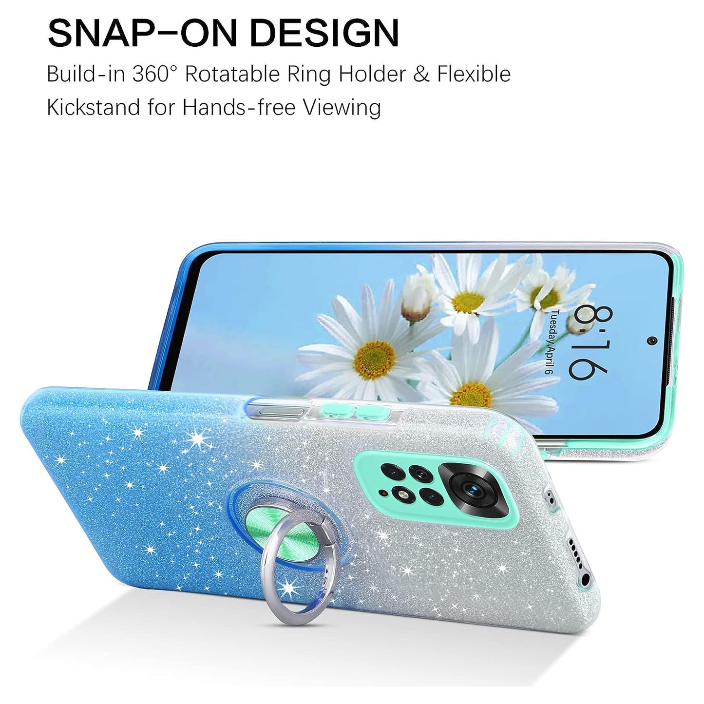 BENTOBEN Ultra Thin Ring Holder Glitter Slim Sequins Shockproof Glossy Case For Xiaomi Redmi Note 11 4G