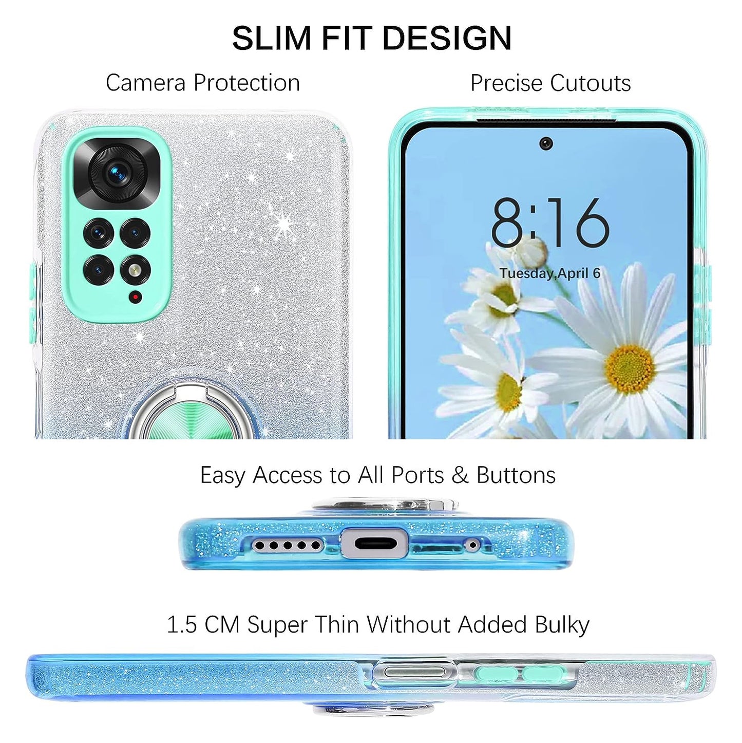 BENTOBEN Ultra Thin Ring Holder Glitter Slim Sequins Shockproof Glossy Case For Xiaomi Redmi Note 11 4G
