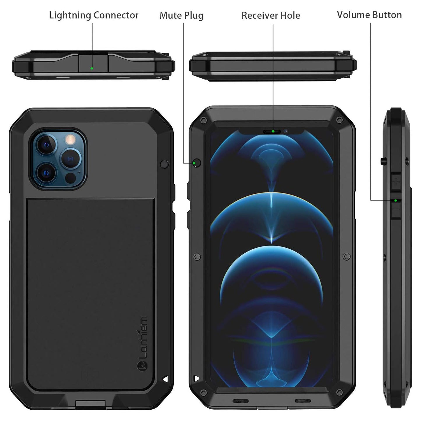 Lanhiem Metal Case for iPhone 12/12 Pro Heavy Duty Shockproof Tough Rugged Case with Built-in Glass Screen Protector
