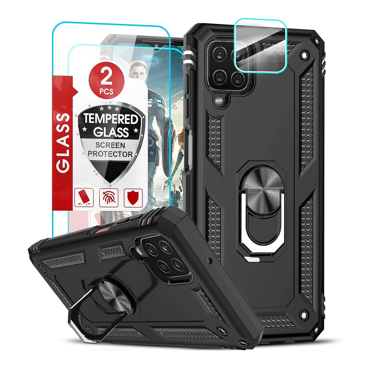 LeYi Military Protective Shockproof Tough Armor Hard Phone Case for Samsung Galaxy A12/M12 Case With Ring Holder
