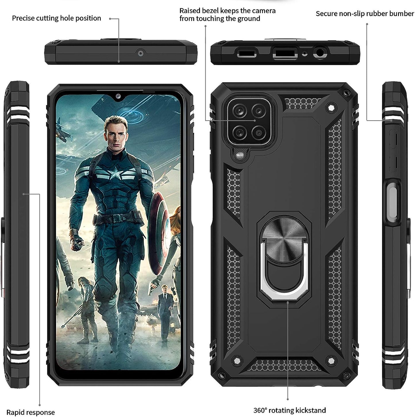 LeYi Military Protective Shockproof Tough Armor Hard Phone Case for Samsung Galaxy A12/M12 Case With Ring Holder