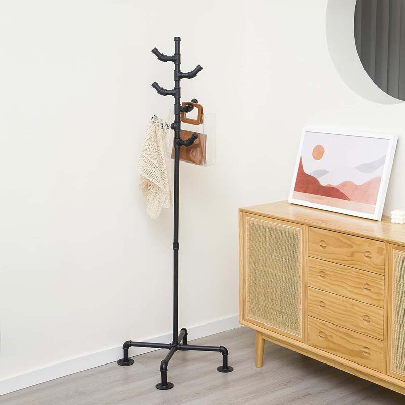 MERJULAN 67-Inch Industrial Black Metal Pipe 6-Hook Coat Stand