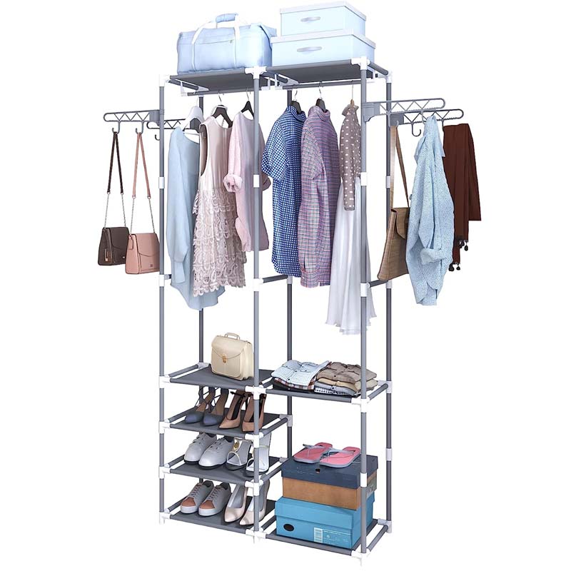 MOPIYIN Double Row Coat Rack B Stand Free Standing Hall Tree with Shoe Rack & Removable Hooks
