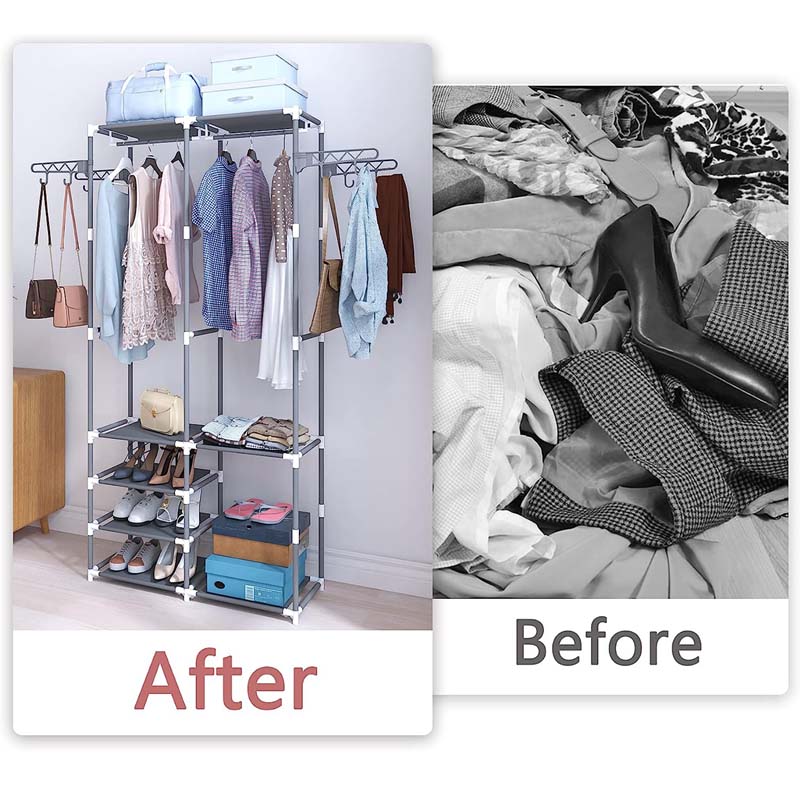 MOPIYIN Double Row Coat Rack B Stand Free Standing Hall Tree with Shoe Rack & Removable Hooks