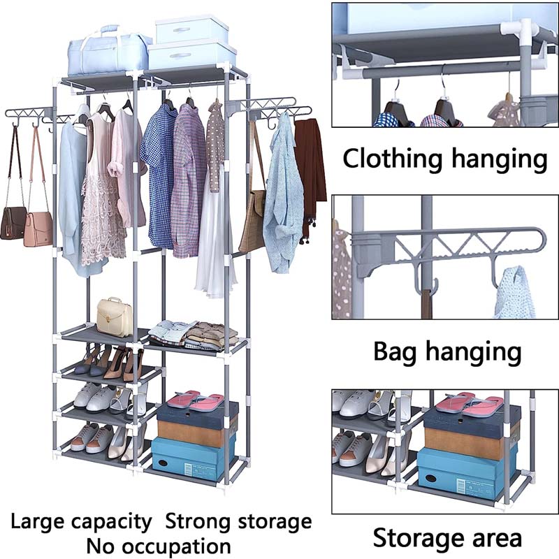 MOPIYIN Double Row Coat Rack B Stand Free Standing Hall Tree with Shoe Rack & Removable Hooks
