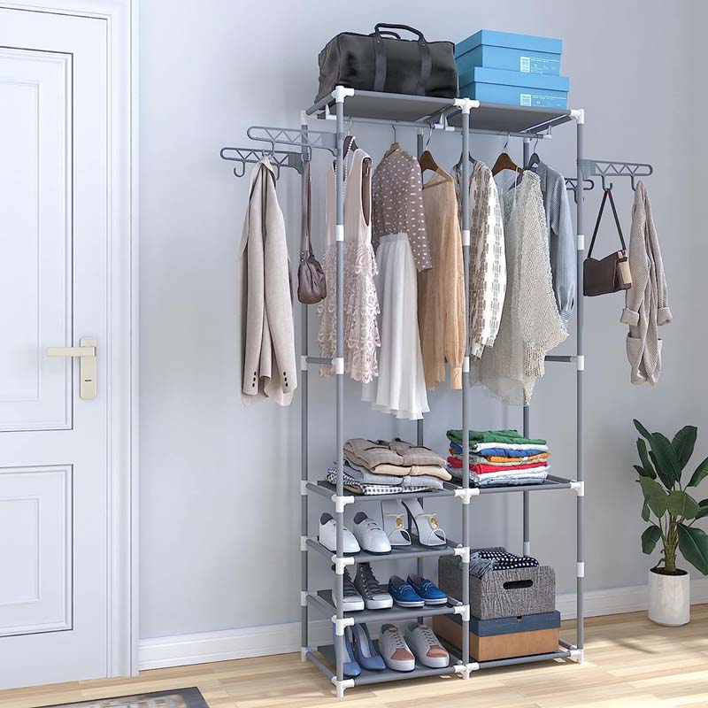 MOPIYIN Double Row Coat Rack B Stand Free Standing Hall Tree with Shoe Rack & Removable Hooks
