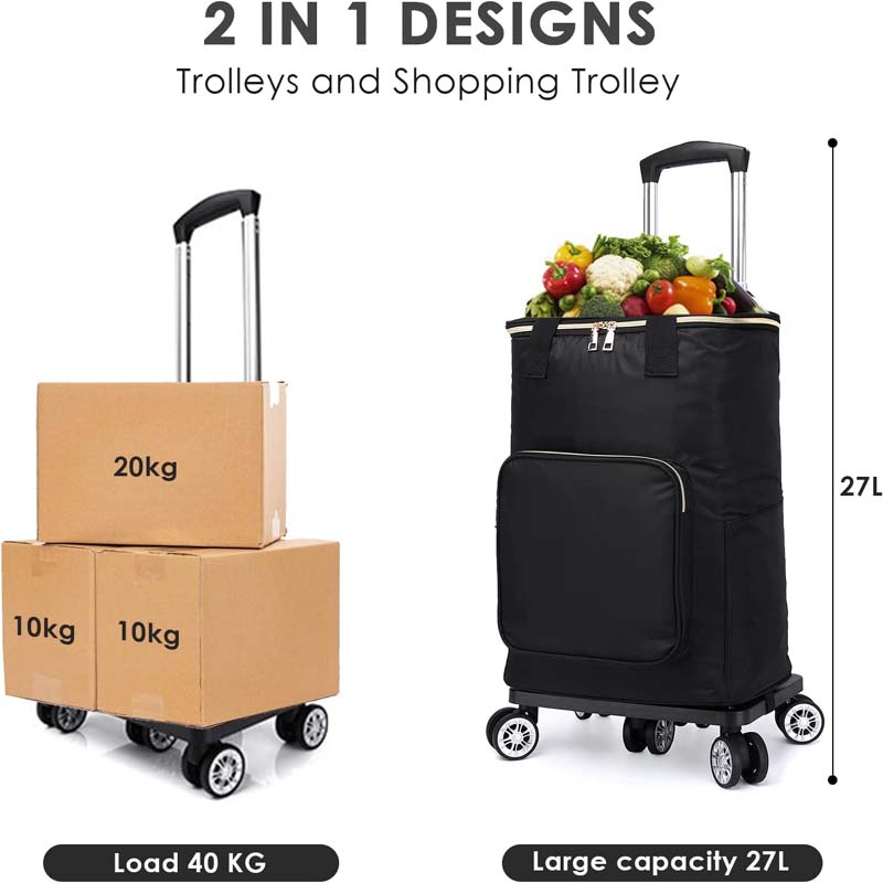 OLYSPM Folding Shopping Trolley with Foil Shopping Bags, 40 kg, 27 L, 2 in 1 Shopping Trolley