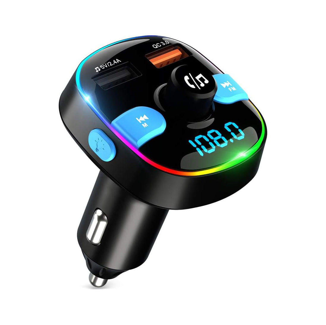 ZEALIFE Colourful LED Backlight Bluetooth Car FM Transmitter With 2 USB QC 3.0 Fast Charger