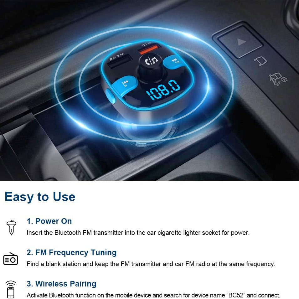 ZEALIFE Colourful LED Backlight Bluetooth Car FM Transmitter With 2 USB QC 3.0 Fast Charger