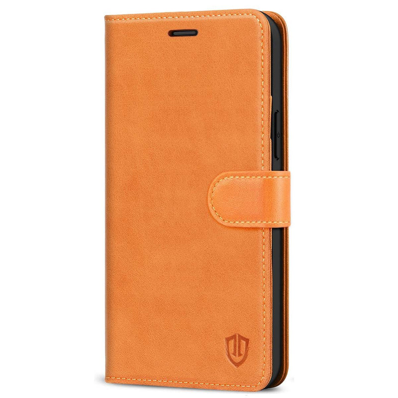 SHIELDON iPhone 13 Leather Book Folio Flip Kickstand Case with Magnetic Clasp - Brown