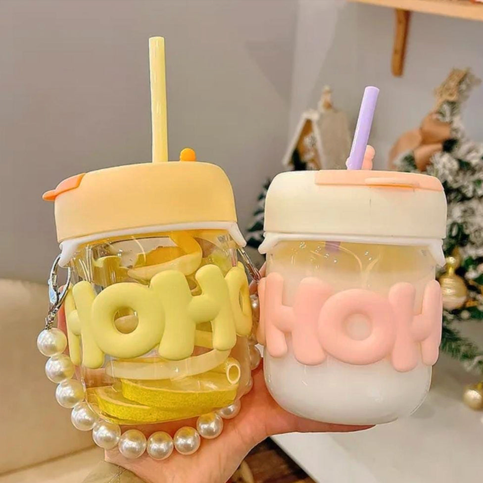 2 Way Drinking HOHO 350ml Aesthetic Glass Cup Straw Tumbler Glass Drinking Bottle Travel Cup (Random Color)