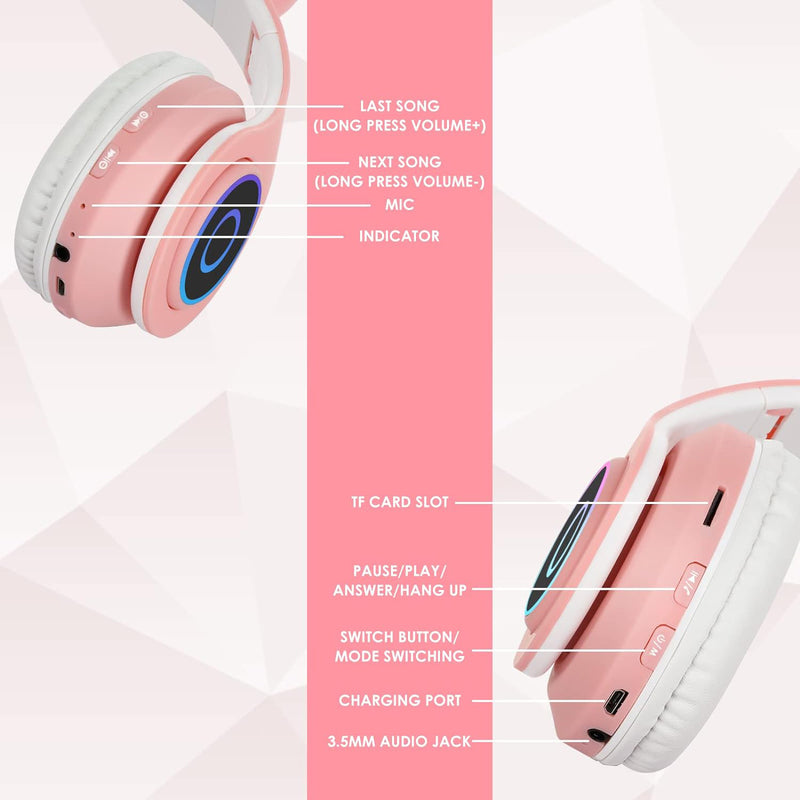 Cat Ear Headphone Bluetooth 5.0 Wireless, RGB Noise Cancelling Earphone With Mic