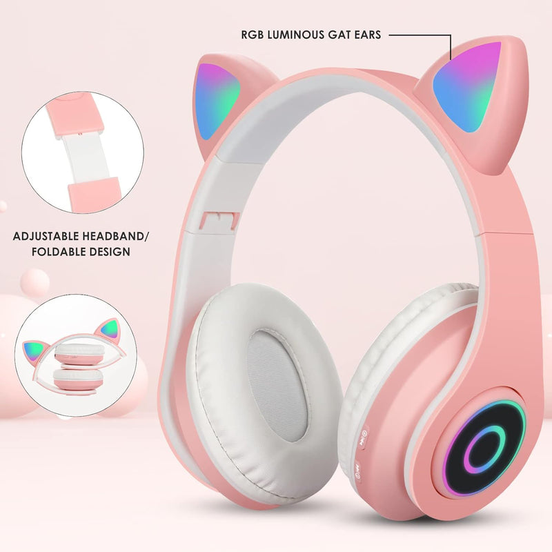 Cat Ear Headphone Bluetooth 5.0 Wireless, RGB Noise Cancelling Earphone With Mic