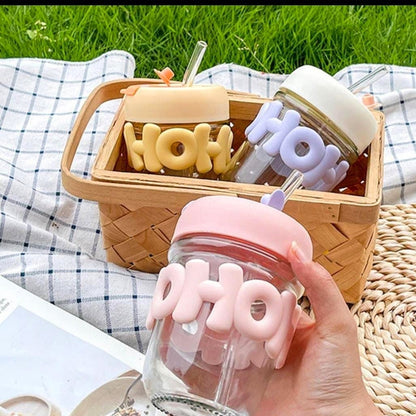 2 Way Drinking HOHO 350ml Aesthetic Glass Cup Straw Tumbler Glass Drinking Bottle Travel Cup (Random Color)