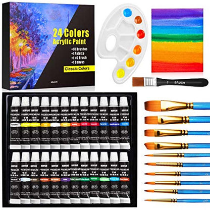 Acrylic Paint Set 24(12ml/0.4oz) Rich Pigment Colors with 11 Art Brushes Paint Palette & Painting Canvas