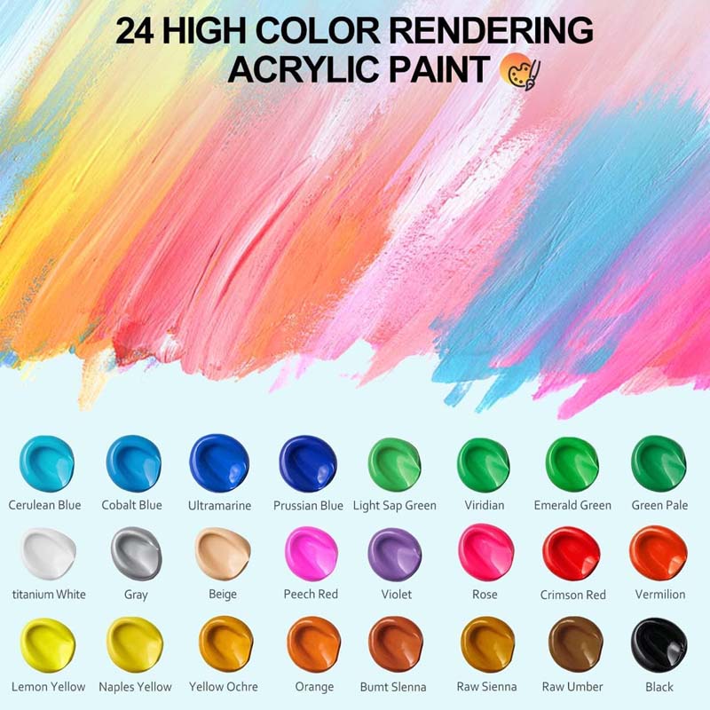 Acrylic Paint Set 24(12ml/0.4oz) Rich Pigment Colors with 11 Art Brushes Paint Palette & Painting Canvas