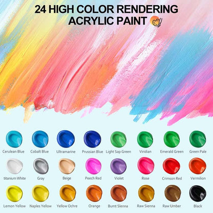 Acrylic Paint Set 24(12ml/0.4oz) Rich Pigment Colors with 11 Art Brushes Paint Palette & Painting Canvas