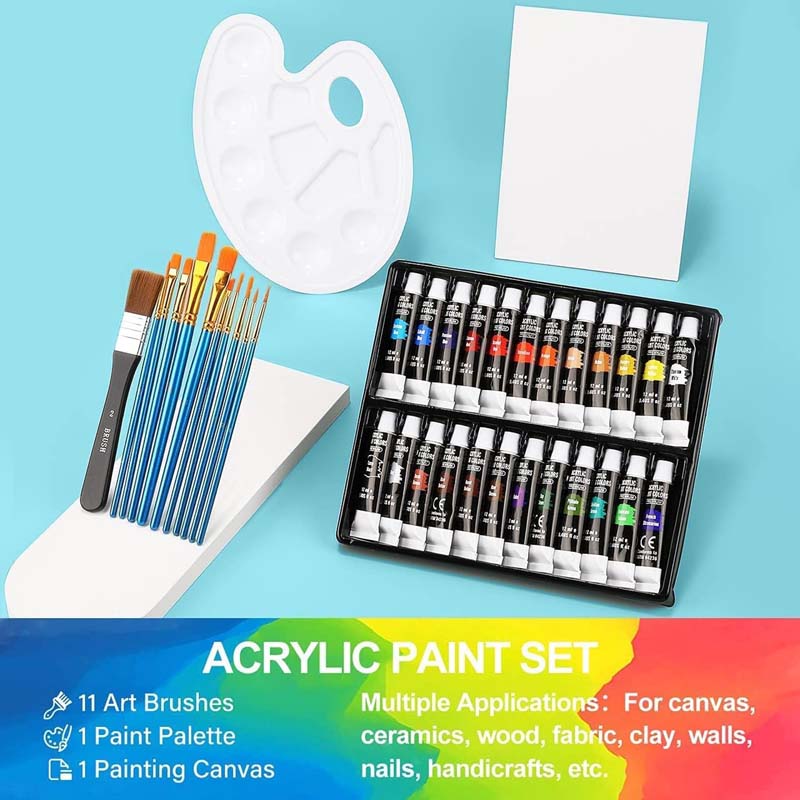 Acrylic Paint Set 24(12ml/0.4oz) Rich Pigment Colors with 11 Art Brushes Paint Palette & Painting Canvas