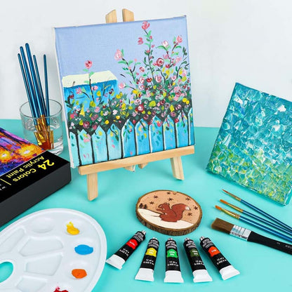 Acrylic Paint Set 24(12ml/0.4oz) Rich Pigment Colors with 11 Art Brushes Paint Palette & Painting Canvas