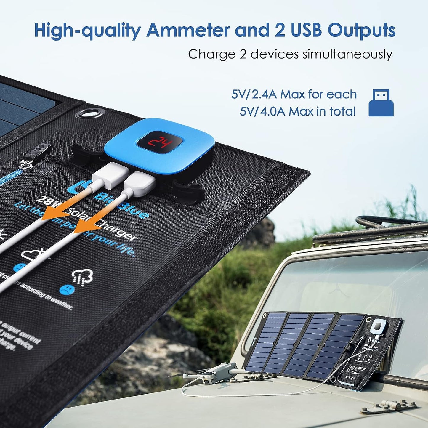 BigBlue 28W Solar Panels Charger with Digital Ammeter, Dual USB(5V/4A Overall)