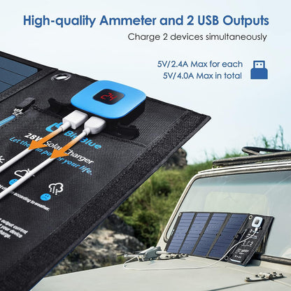 BigBlue 28W Solar Panels Charger with Digital Ammeter, Dual USB(5V/4A Overall)