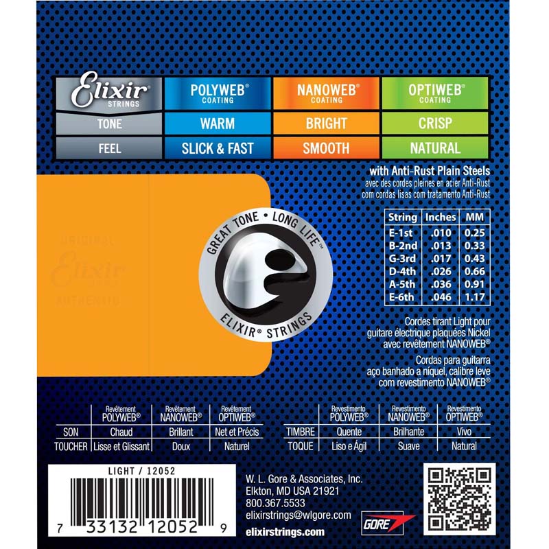 Elixir Strings Electric Guitar Strings wire NANOWEB Coating, Light (.010-.046) Bright - Smooth 12052