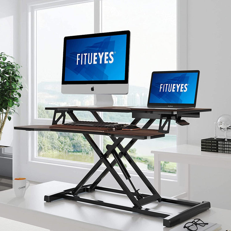 FITUEYES Height Adjustable Standing Desk 32” Wide Sit to Stand Converter Stand Up Desk