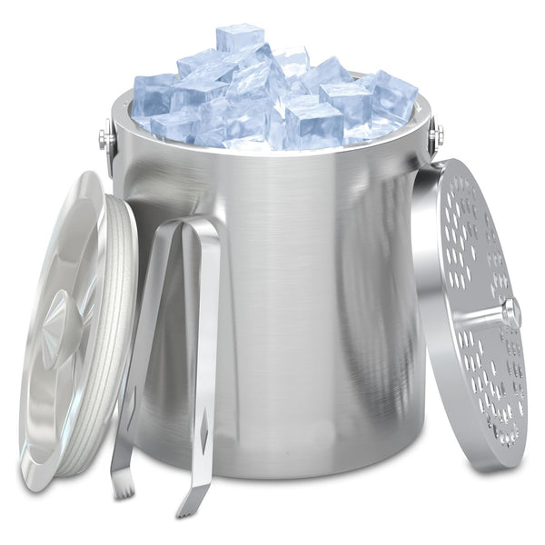 FiveHome Stainless Steel Ice Bucket For Parties With Lid, Ice Tongs & Scoop, 2.5L Capacity Double Wall Ice Bucket