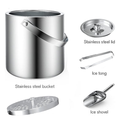 FiveHome Stainless Steel Ice Bucket For Parties With Lid, Ice Tongs & Scoop, 3L Capacity Double Wall Ice Bucket