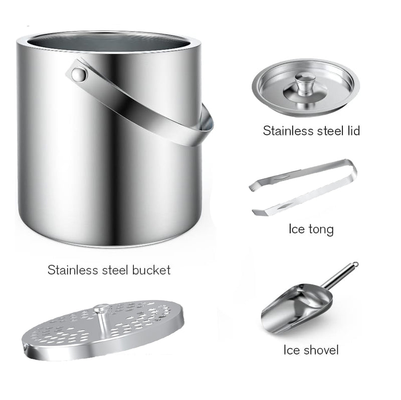 FiveHome Stainless Steel Ice Bucket For Parties With Lid, Ice Tongs & Scoop, 2.5L Capacity Double Wall Ice Bucket