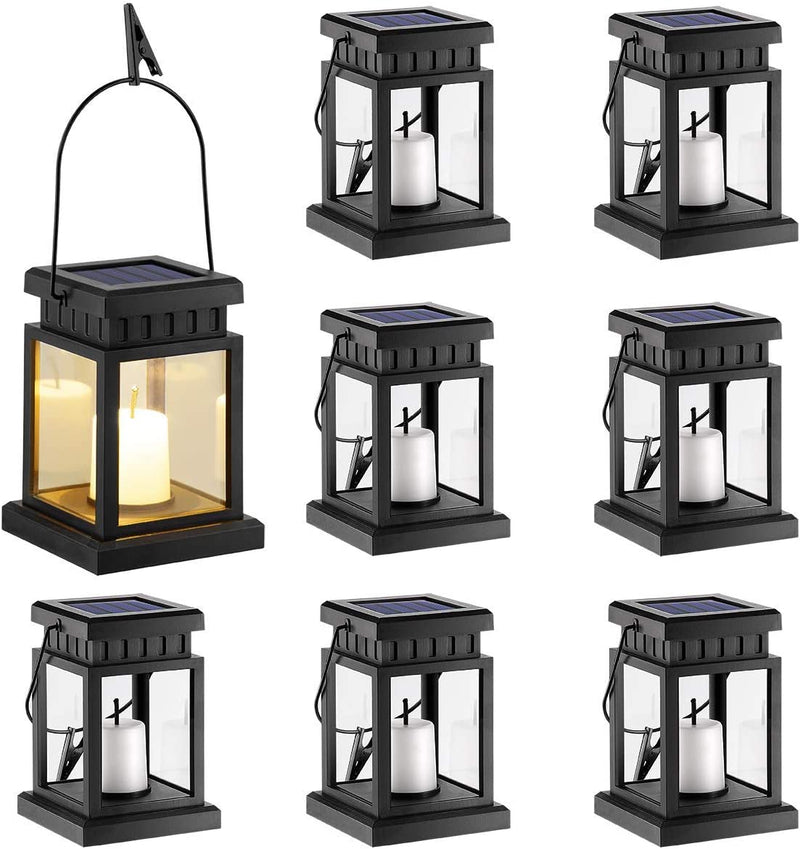 GIGALUMI 8 Pack Solar Hanging Lantern Candle Effect Light with Stakes for Garden | Warm White