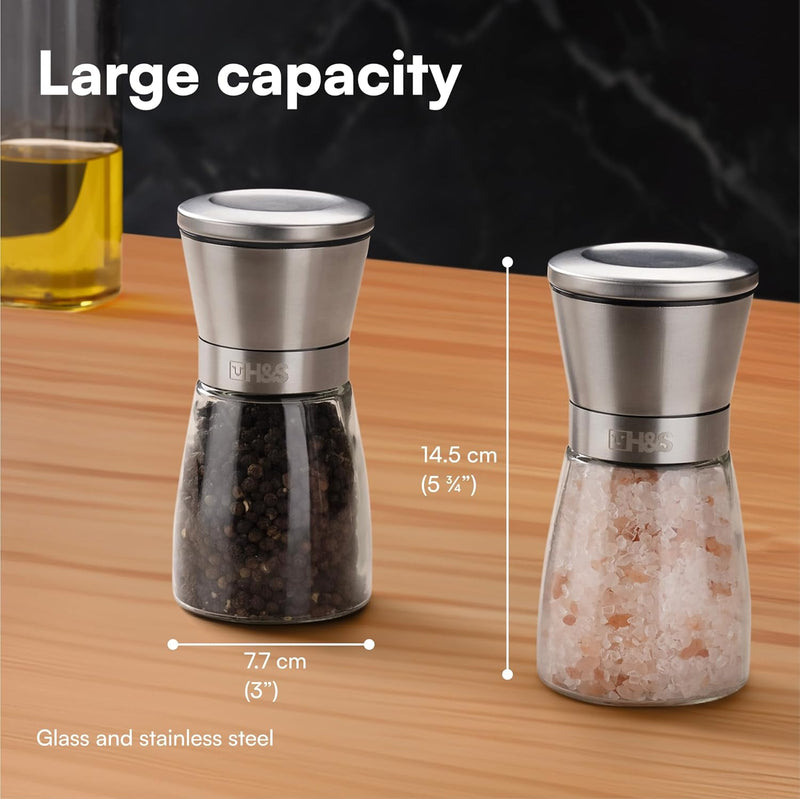 H&S Salt And Pepper Grinder Set - Manual Mill Grinders For Kitchen - Glass & Stainless Steel Spice Mills With Adjustable Coarseness