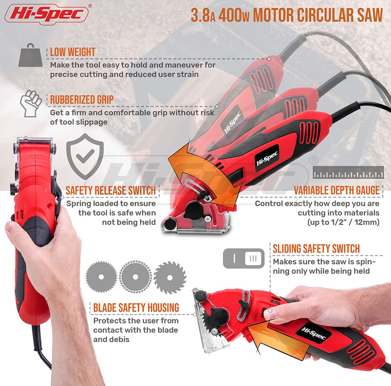Hi-Spec 8 Piece 400W 3.6A Corded Mini Circular Saw and Accessories | DT40288