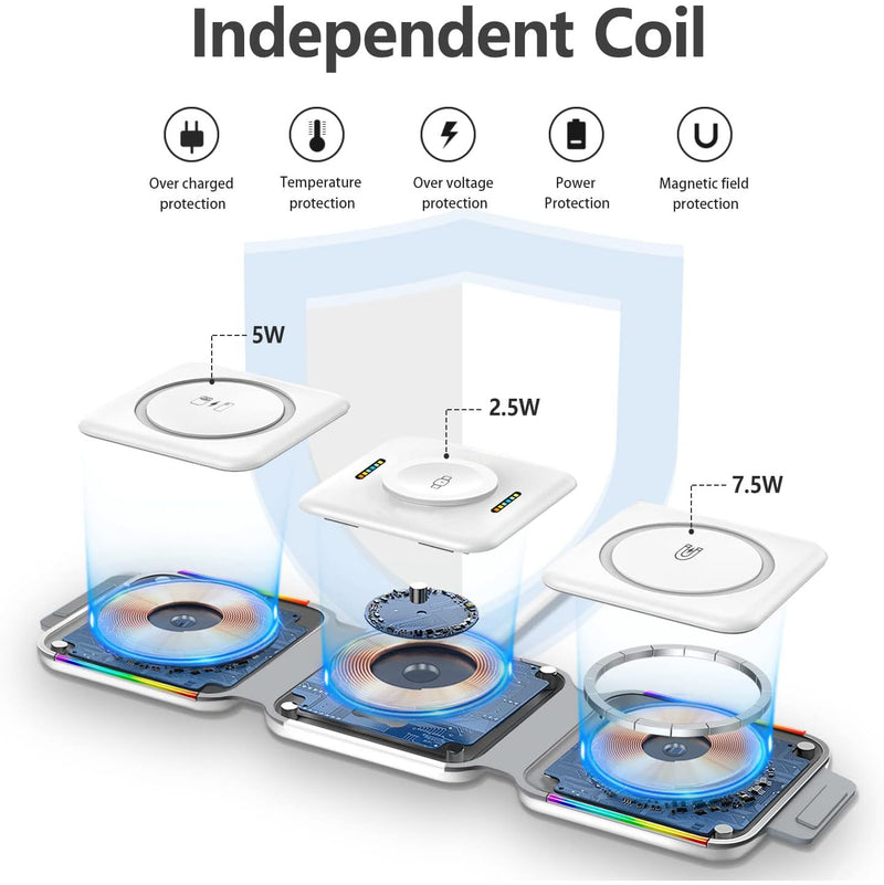 Kinsound 3 in 1 Magnetic Foldable Fast Wireless Charging Station with Adapter