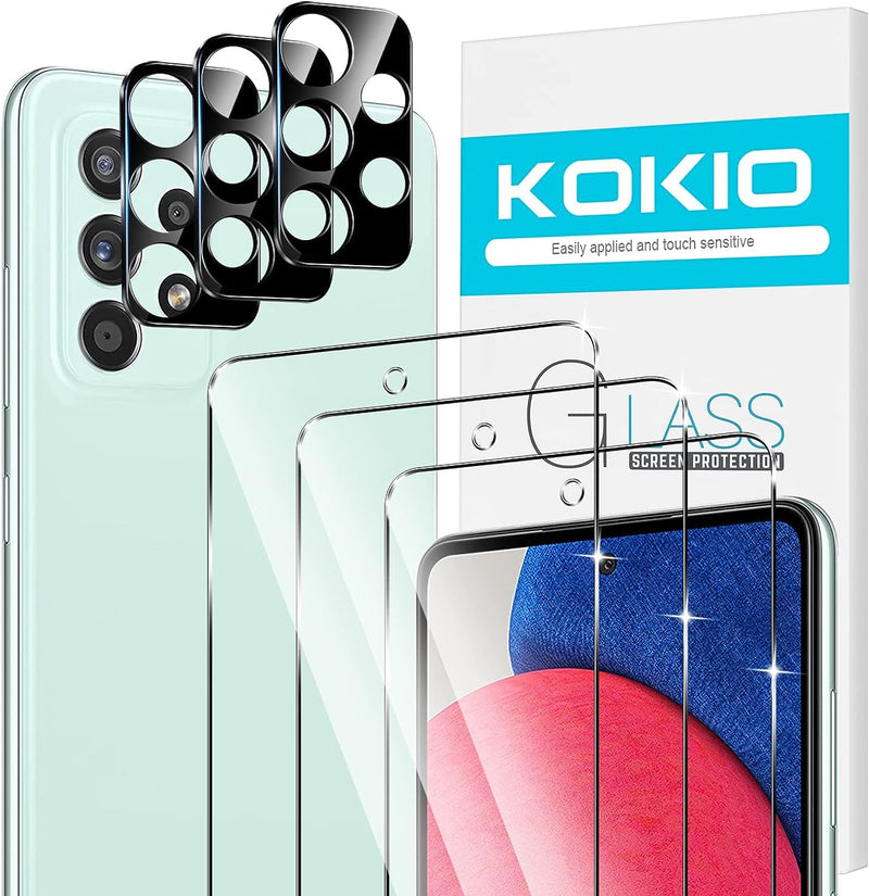 Kokio 9H Hardness [Pack of 3] Protective Glass + [Pack of 3] Camera Protector for Samsung Galaxy A52 5G 6.5 Inch