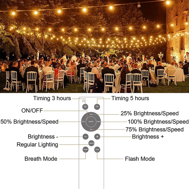 LFFG G40 Solar String Lights Outdoor 100FT with Remote 4 Modes Dimmable 50+2 Bulbs Warm White