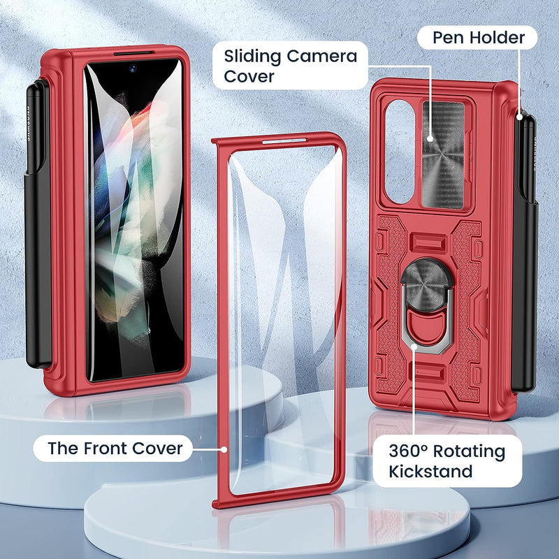 Maxdara Hinge Protection S Pen Holder & Slide Camera Cover & Kickstand With Built in Screen Protector Case For Samsung Z Fold 3