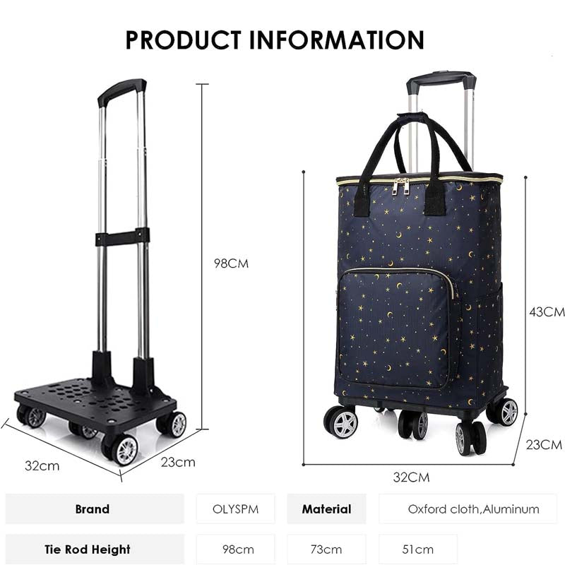 OLYSPM Folding Shopping Trolley with Foil Shopping Bags, 40 kg, 27 L, 2 in 1 Shopping Trolley