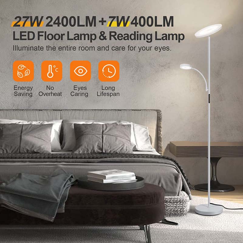 超可爱 Floor Lamp, 2400LM Bright LED Torchiere Floor Lamp with Stepless  Dimmable Color Temperatures, Tall Standing Room Lamp with Remote ＆ Touch  Control,