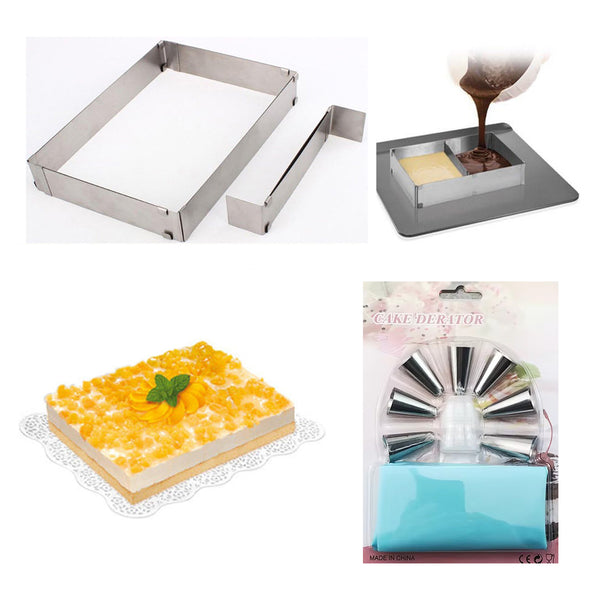 Pormasbenzer Rectangle Adjustable Stainless Steel Cake Frame With Cake Cream Decoration Tips