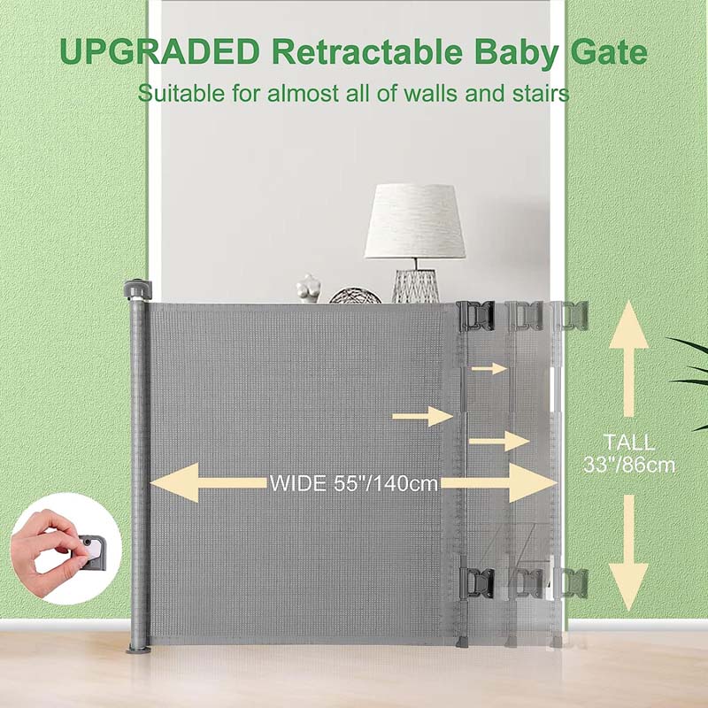 Retractable Baby Gate Extra Wide Safety Kids or Pets Gate 33” Tall, Extends to 55” Wide | BB0062