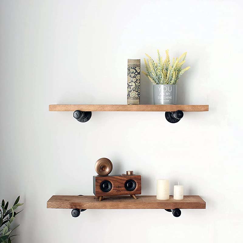 RongFeng Set Of 2 Wood Floating Shelves, Rustic Wood Wall Shelves With Industrial Pipes