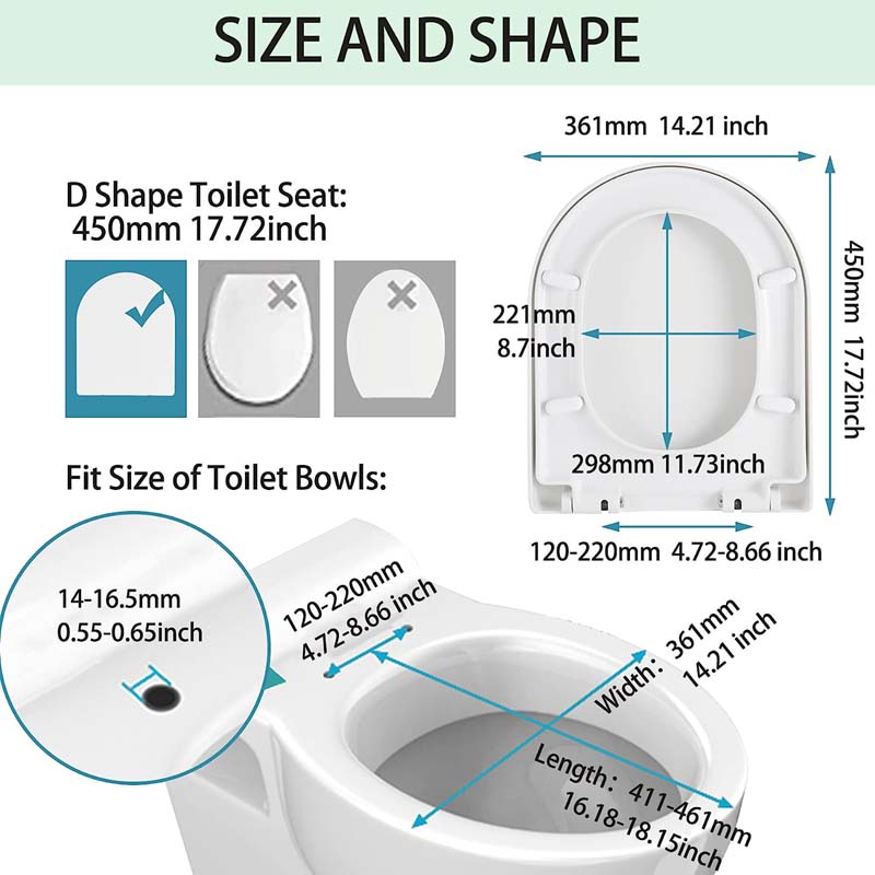 SADALAK Soft Close Toilet Seat D Shaped Cover of Top and Standard Fix White