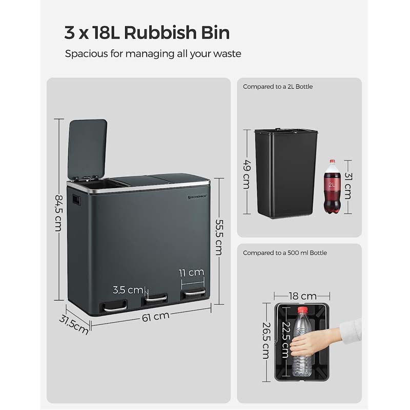 SONGMICS Kitchen Bin, 3 x 18L Recycling Bin, 3 Compartment Rubbish Bin | LTB54GS