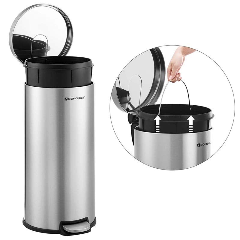 SONGMICS Stainless Steel Waste Bin 30L Plastic Inner Basket With Foot Pedal LTB006E01