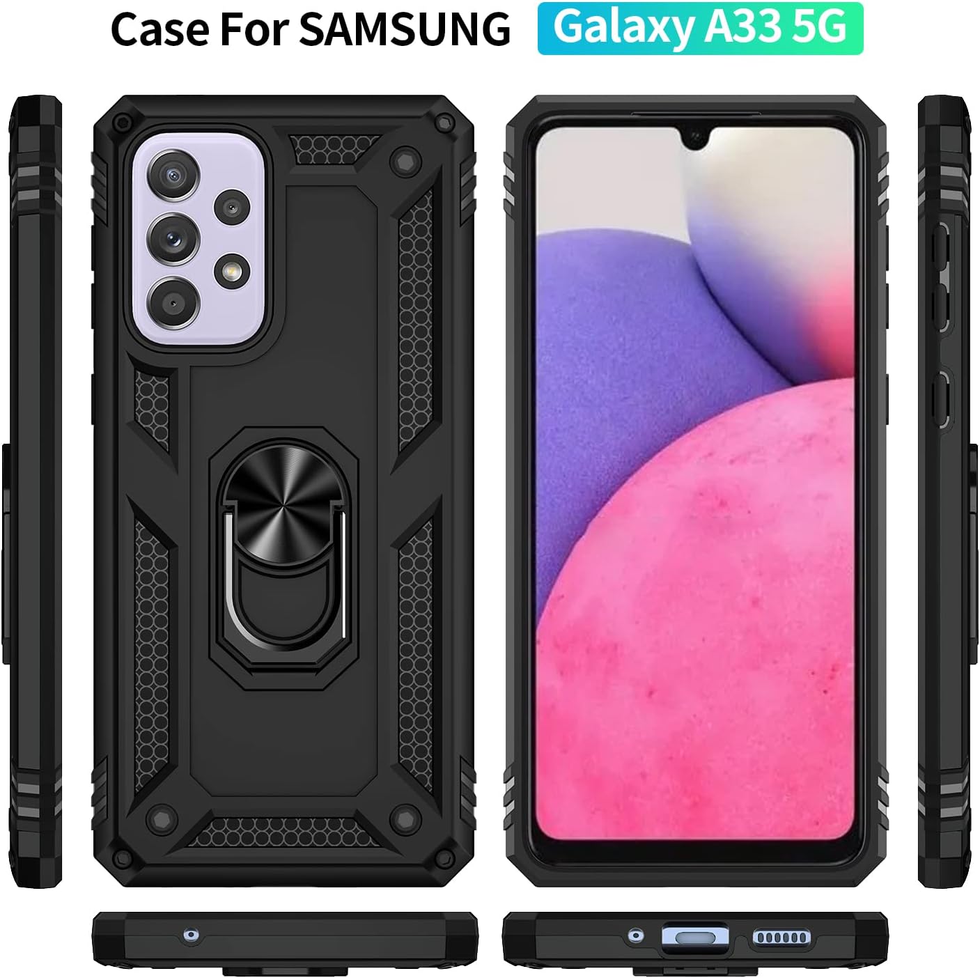 Wtiaw Samsung Galaxy A33 5G Shockproof Protective Ring Holder Kickstand Case with HD Screen Protector