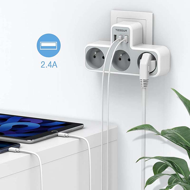 TESSAN 6 in 1 Multi USB Power Socket with 3 French Outlets and 3