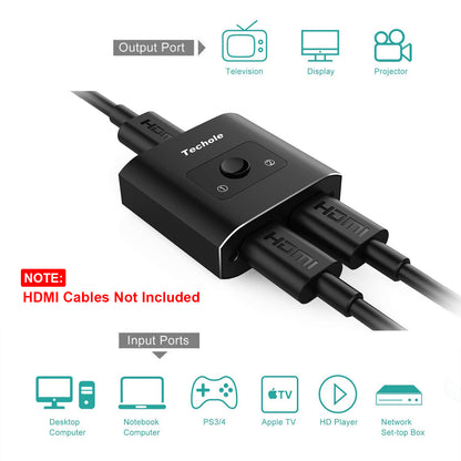 Techole Aluminum HDMI Switch Bi-direction 1 In 2 Out or 2 Input to 1 Output Manual HDMI Switcher, Support 4K 3D 1080P